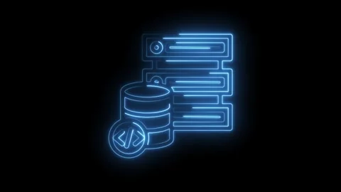 Neon blue database server icon with coding symbol glowing on black backgrou.. Stock Footage 346825879