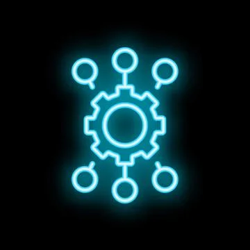 Neon blue decentralized system concept with cogwheel icon on black background Stock Illustration