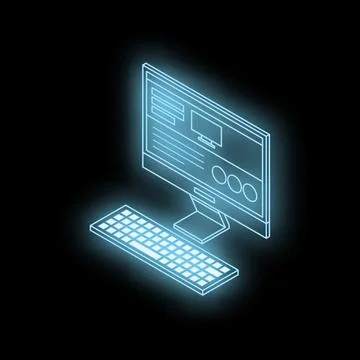 Neon blue desktop computer and keyboard shining in dark room Stock Illustration