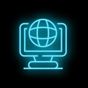 Neon blue desktop computer displaying internet web icon on black background Stock Illustration