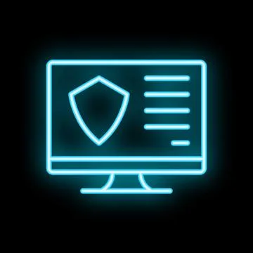Neon blue desktop computer icon displaying security shield for data protectio Stock Illustration