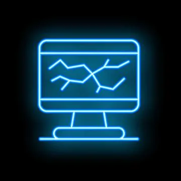 Neon blue desktop computer icon showing a line graph on black background Illustrazione stock