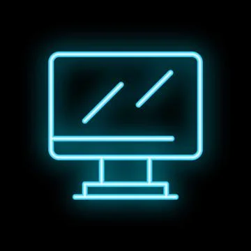 Neon blue desktop computer icon glowing on black background 스톡 일러스트