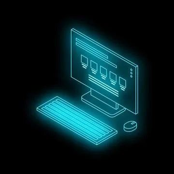 Neon blue desktop computer with keyboard and mouse is glowing in the dark Stock Illustration