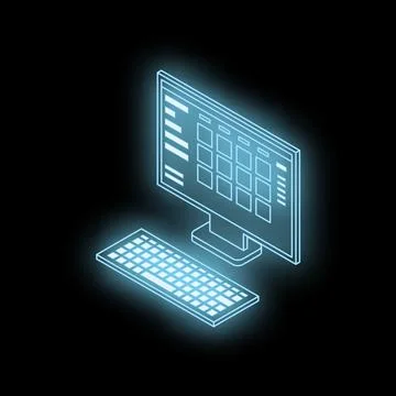 Neon blue desktop computer with keyboard showing spreadsheet software on bl.. Stock Illustration