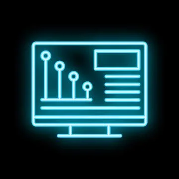 Neon blue desktop computer showing decreasing graph icon on black background Stock Illustration