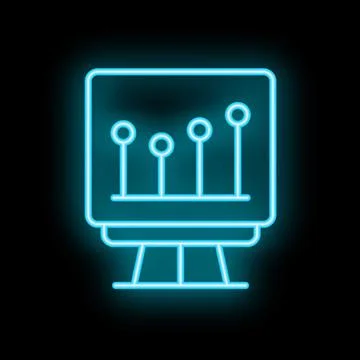 Neon blue desktop computer showing growing statistics chart on black backgrou Stock Illustration