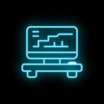 Neon blue desktop computer showing growing chart icon illustration Stock Illustration