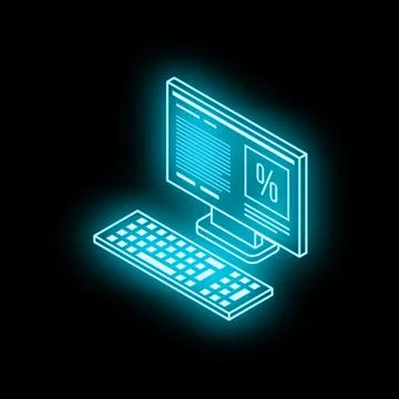 Neon blue desktop pc showing percentage symbol on screen Stock Illustration