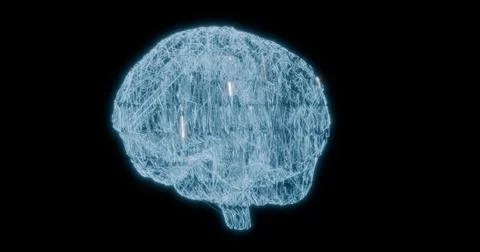 Neon blue digital brain structure formed by intricate lines on a black back.. Illustrazione stock