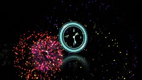 Neon blue digital clock ticking against fireworks exploding on black background 库存影片 158400796