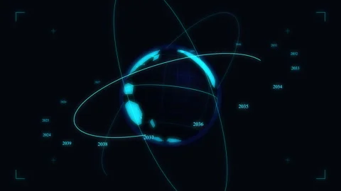 Neon blue digital globe rotating with orbital rings and HUD elements loop Stock Footage 347945852