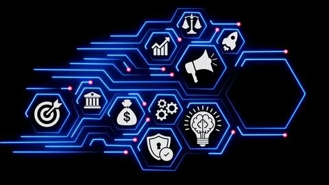 Neon blue digital hexagons with various white icons for business. Stock Illustration