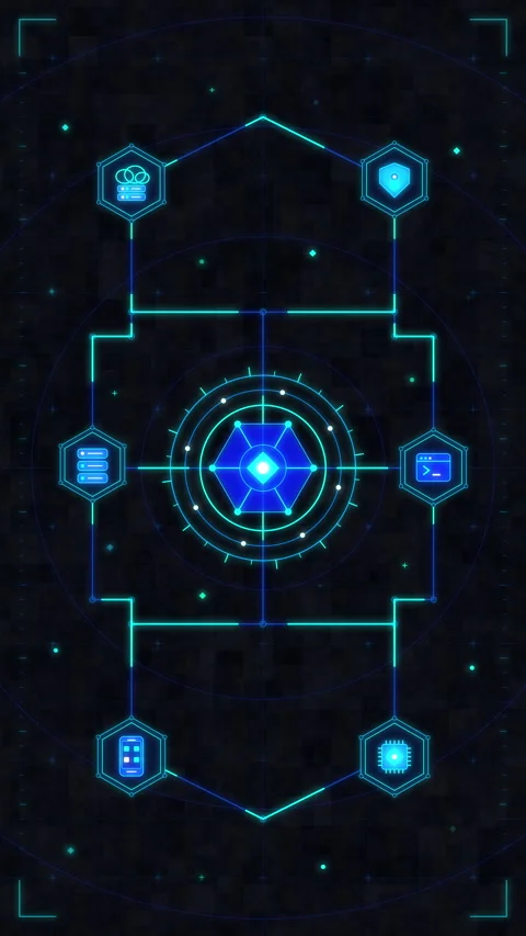 Neon blue digital interface with data analytics, tech grid, ui, hud, networ.. Stock Footage 348342160