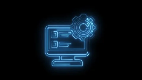 Neon blue digital interface with gear icon representing technology automation Stock Footage 333963828
