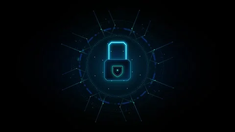 Neon blue digital padlock with shield emblem and intricate radial circuit n.. 動画素材 335826730