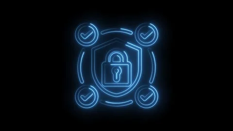 Neon blue digital security shield with padlock and checkmarks glowing on icon Stock Footage 333966507