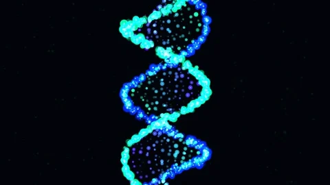 Neon blue DNA helix rotating on a black background. Glowing double helix st.. Видео 339040469