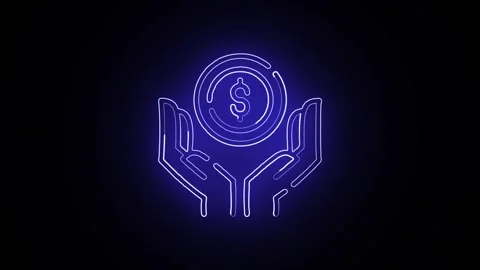Neon blue dollar coin floating above open hands symbol animation for financ.. Stock Footage 345548206