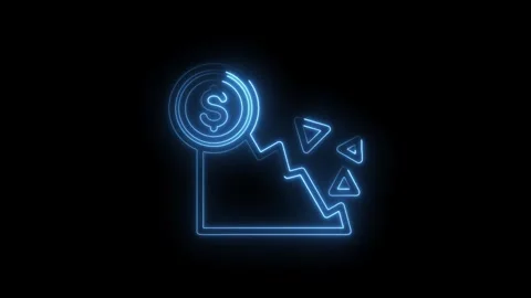 Neon blue dollar coin graph falling down with downward trend arrows abstract Stock Footage 333954362