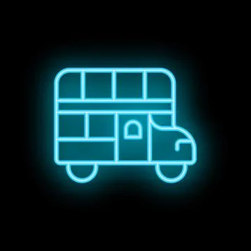 Neon blue double decker bus sign shining on black background Stock Illustration