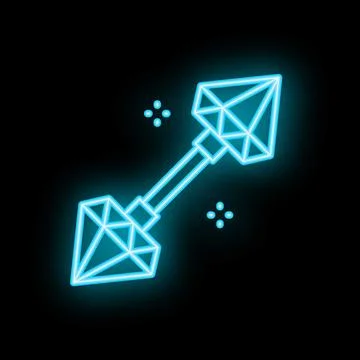 Neon blue double headed diamond arrow glowing on black background Stock Illustration