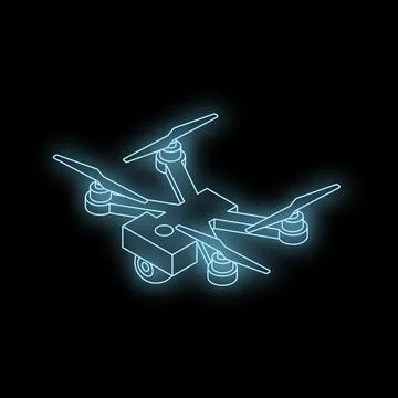 Neon blue drone flying with rotating blades on black background Stock Illustration