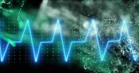 Neon blue ECG waveform pulsating across dark grid in futuristic display with  Stock Illustration