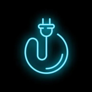 Neon blue electric plug forming a circle with its cable on black background Stock Illustration