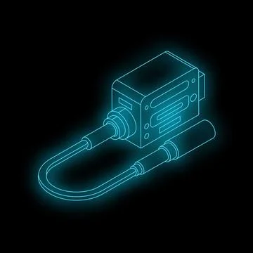 Neon blue electronic device with cables isometric view Stock Illustration