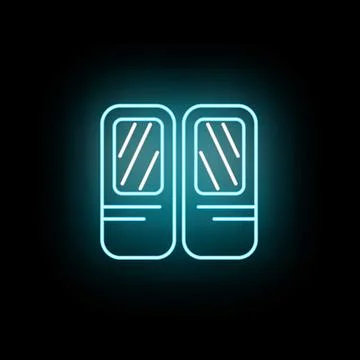 Neon blue elevator doors glowing on black background Ilustración de archivo