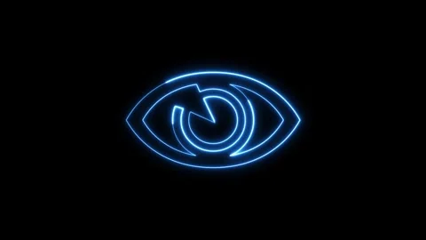 Neon blue eye icon glowing on black background in motion video. Video stock 337082049