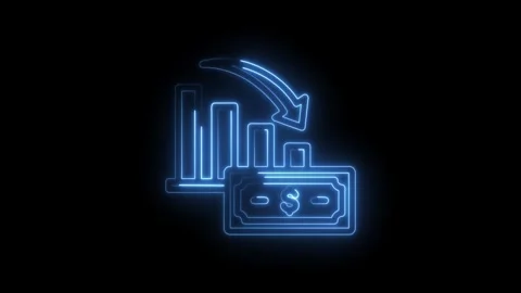 Neon blue financial graph down arrow and dollar bill icon on black background Stock Footage 333954647