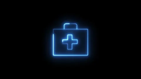 Neon blue first aid kit with cross symbol animation on a black background, .. Stock Footage 317643753
