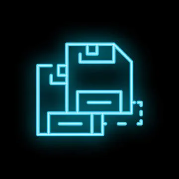 Neon blue floppy disk icon glowing on dark background Stock Illustration