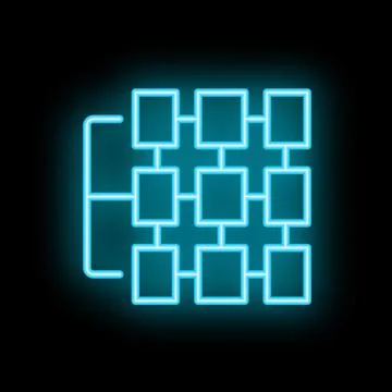 Neon blue flowchart showing interconnected boxes on black background Stock Illustration