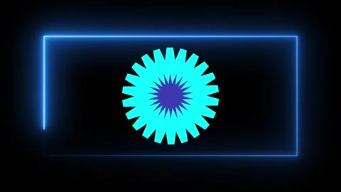 Neon blue flower shape inside a glowing rectangle frame Video stock 346845196