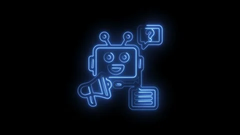Neon blue friendly robot character with megaphone question mark speech bubble 動画素材 333952619