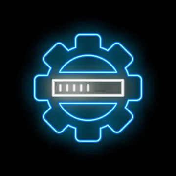 Neon blue gear and loading bar icon on black background Illustrazione stock