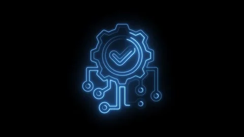 Neon blue gear with checkmark and circuit board connections glowing on icon.. Stock Footage 346103751
