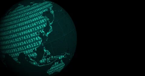 A neon blue globe earth spinning with a blinking number code codification Video stock 337429612
