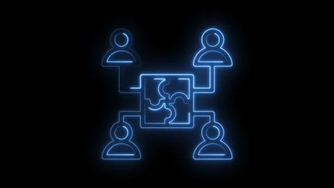Neon blue glowing abstract network of people connected by puzzle pieces on .. Stock Footage 346012499