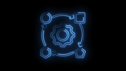 Neon blue glowing abstract process flow diagram with gear in center and Stock Footage 333952402