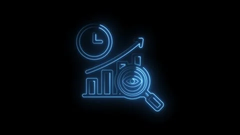Neon blue glowing analytics graph with upward arrow clock and magnifying glass Stock Footage 333956917
