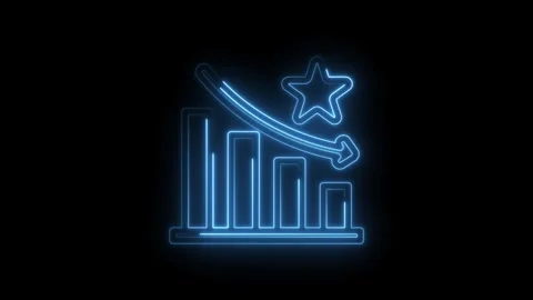 Neon blue glowing bar chart graph falling down with star icon and arrow Stock Footage 333954863