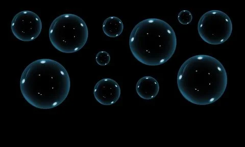 Neon blue glowing bubbles floating on black dark background. Иллюстрация