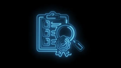 Neon blue glowing checklist clipboard with magnifying glass and ribbon checkmark Stock Footage 330872091