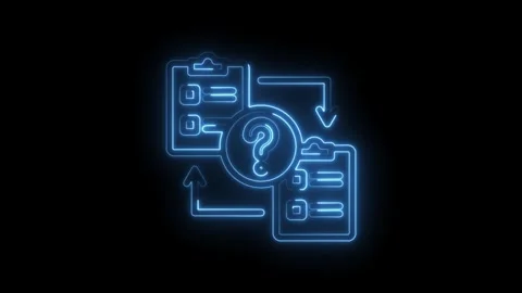 Neon blue glowing checklist question mark process flow diagram with arrows and Stock Footage 333957760