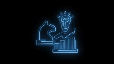 Neon blue glowing chess knight and rising bar graph with lightbulb idea symbol Stock Footage 333956958