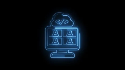Neon blue glowing cloud computing icon with code symbols and multiple user Stock Footage 333956173